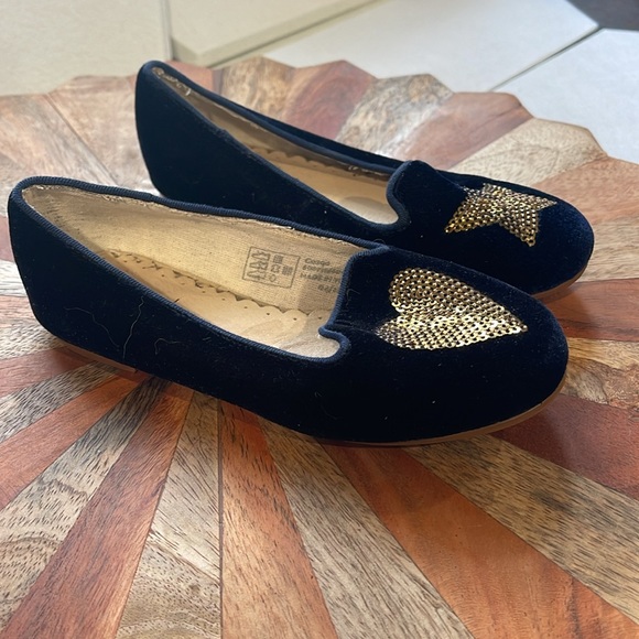 Boden Little Girls Navy blue Velvet flats with gold heart & star sequin size 27 - Picture 3 of 9